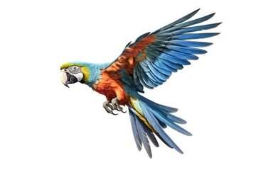 Colorful macaw flying isolated on white background,Generative, AI, Illustration.