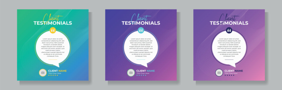 Set of client testimonials or review social media post design, client feedback template with square size modern and creative, template eps 10.