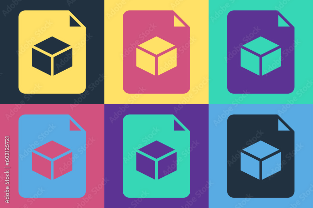 Poster pop art isometric cube file icon isolated on color background. geometric cubes solid icon. 3d square