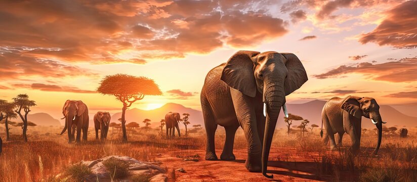 elephants walking through the bush in sunset