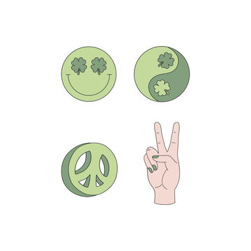 Hippie Groovy St Patrick day vector illustration isolated on white. Smiling face, peace sign, peace hand gesture, Yin Yang symbol. Retro 70s 60s Patrick design.