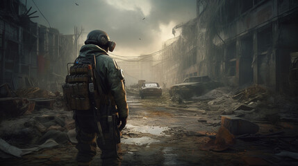 Naklejka premium Soldier in the middle of a war in an apocalyptic city. Image generated by AI.