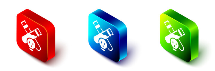 Isometric Bottle with potion icon isolated on white background. Flask with magic potion. Happy Halloween party. Red, blue and green square button. Vector