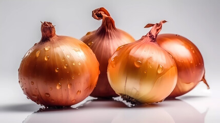 Macro, closeup, isolated fresh onion, lying on white glossy surface. Generative AI technology.