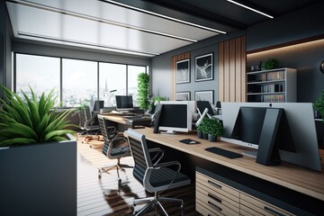 Modern coworking office interior with furniture and city view. Workplace and lifestyle concept