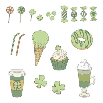 St Patrick sweets, dessert, coffee , donut , lollipop, candy, ice cream, shamrock cookies vector illustration set isolated on white. Retro 70s 60s Groovy Patrick design.