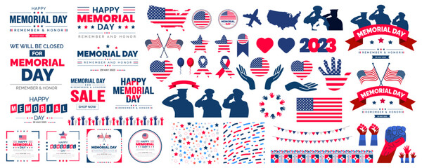happy memorial day text, typography, usa flag and memorial day elements big set bundle design. USA flag, the Statue of Liberty fireworks, balloons, and many more illustrations in one big bundle. 