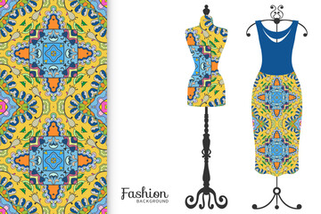 Vector fashion illustration. Vintage tailor dummy, dress model, colorful seamless pattern for textile fabric, paper print, invitation, business card design. Boho style isolated clothes collection