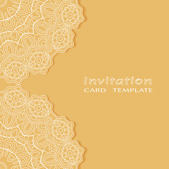 Lace Invitation Card template with mandala element. Doodle line pattern. Decorative openwork filigree art background for Wedding, Valentine's day greeting card, Birthday Invitation