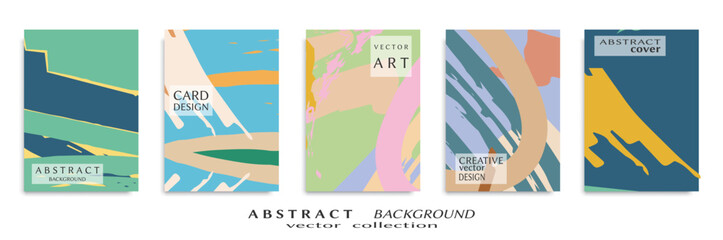 Obraz premium Abstract backgrouns set, grunge texture. Minimalistic art, brush strokes style. Design for card, brochure, banner idea, book cover, booklet print, flyer sheet a4. Collage page, web header template.