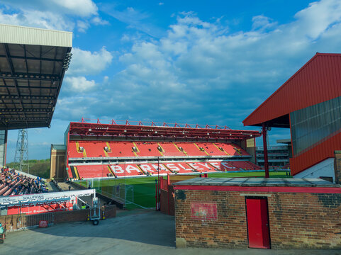 Blue skies over the Oakwell Stadium, home of Barnsley Football Club in Yorkshire, UK