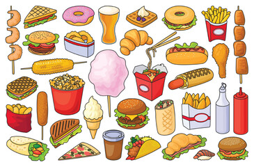 Fast food isolated color set icon. Snack vector color set icon. Vector illustration fast food on white background.