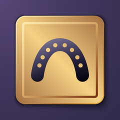 Purple Mouth guard boxer icon isolated on purple background. Gold square button. Vector