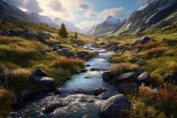 A breathtaking view of a stream flowing between the mountains and snow-covered peaks. Created with Generative AI