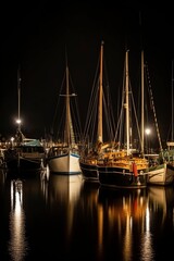 Fototapeta na wymiar illustration, boats in the port at night, generative ai