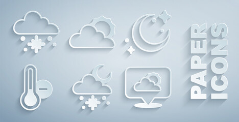 Set Cloud with snow and sun, Moon stars, Meteorology thermometer, Location cloud, Sun weather and icon. Vector