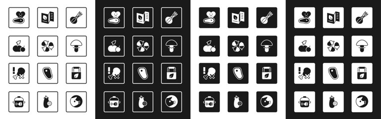 Set Onion, Acorn, Apple, Steak meat, Mushroom, Vegetarian food menu, Shopping bag with recycle and No chicken leg icon. Vector