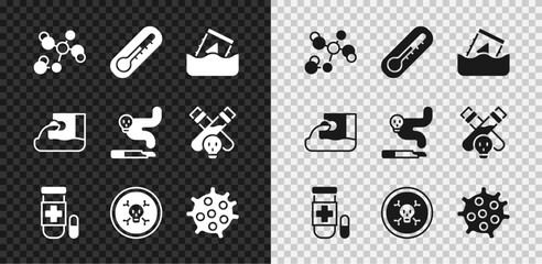 Set Chemical formula, Thermometer, Radioactive waste in barrel, Antidote, Bones and skull, Bacteria, Wastewater and Cigarette icon. Vector