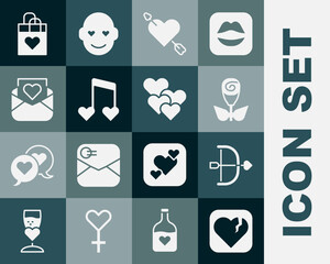 Set Broken heart or divorce, Bow and arrow, Flower rose, Amour with, Music note, tone hearts, Envelope Valentine, Shopping bag and Heart icon. Vector