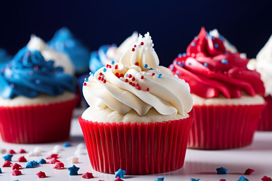 Cupcakes with red, white and blue cream with sugar sprinkles. AI generative 4th of July Independence day patriotic food styling