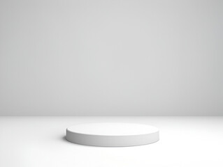 Modern podium stage platform display on white clean background room. With copy text space. Mock up template for product presentation. Blank Exhibition stage backdrop. 3D rendering