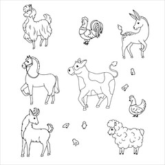 Donkey, Horse, Llama or Alpaca, Sheep, Cow, Goat and Pig. Set of animals. Farm animals. Cattle breeding Vector illustration isolated on white background.