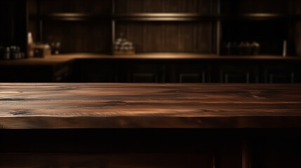 An empty wooden counter table top for product display in a pub or bar