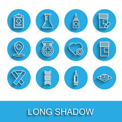Set line Awareness ribbon, DNA symbol, Medical clipboard with clinical record, Syringe, Medicine pill tablet, Hospital signboard, bottle and Heart cross icon. Vector