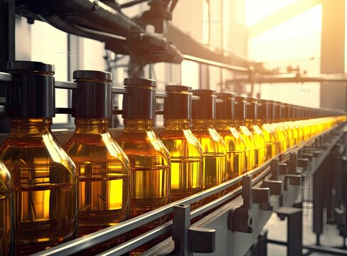 Sunflower oil. Line for the production and bottling of refined oil from sunflower seeds. Conveyor of food industry