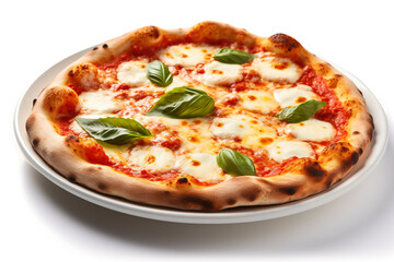 A Margherita pizza with cheese and basil on a plate. Generative AI.