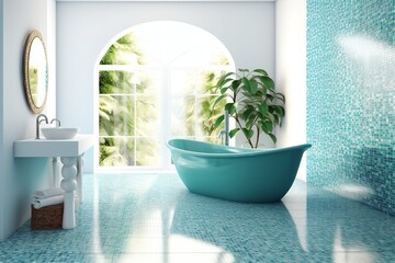 Modern bathroom blue interior, generative ai