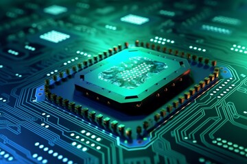 Fototapeta premium Technology chip circuit board background, futuristic generative ai illustration of microchip processor with lights