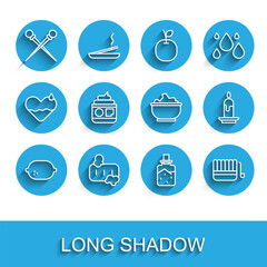 Set line Lemon, Bar of soap with foam, Knitting needles, Spa salt, Sauna bucket and ladle, Cream or lotion cosmetic tube, Burning candle and Sea bowl icon. Vector