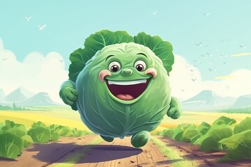 cheerful and happy cabbage runs across the field-Ai