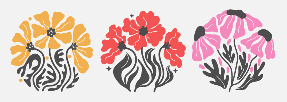 Groovy abstract black flower set. Organic circle shapes in trendy naive retro hippie 60s 70s style.