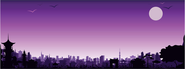Vector poster with Asian city view in magenta colors. panoramic view
