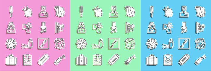 Set line Syringe, Psoriasis or eczema rash, IV bag, Male doctor, Joint pain, knee pain, Nurse, Medical thermometer and Runny nose icon. Vector
