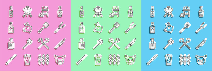 Set line Pig, Meat chopper, Barbecue fork, grill, Cow head, Tabasco sauce, Beer bottle and Spatula icon. Vector