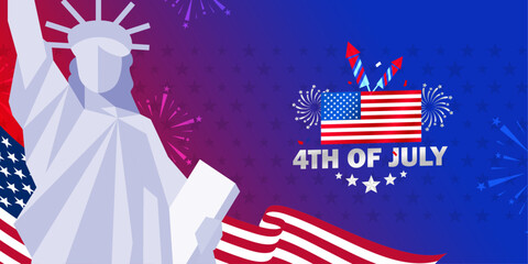 United States of America, Colorful 4th of July greeting banner of the Statue of Liberty with background banner template design with waving USA flag and fireworks on red blue color. Vector illustration © MimiAhmed