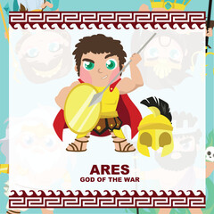 Cute illustration of Ares God of the war. Greek God and Goddess flashcard collection. Ancient Greece mythology. Greek deity theme elements. Vector file.