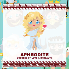 Cute illustration of Aphrodite Goddess of love and beauty. Greek God and Goddess flashcard collection. Ancient Greece mythology. Greek deity theme elements. Vector file.