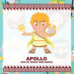 Cute illustration of Apollo God of music and dance. Greek God and Goddess flashcard collection. Ancient Greece mythology. Greek deity theme elements. Vector file.