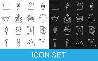 Set line Ancient magic book, Three tarot cards, Magic ball, Witch cauldron, stone, lamp or Aladdin, hat and icon. Vector