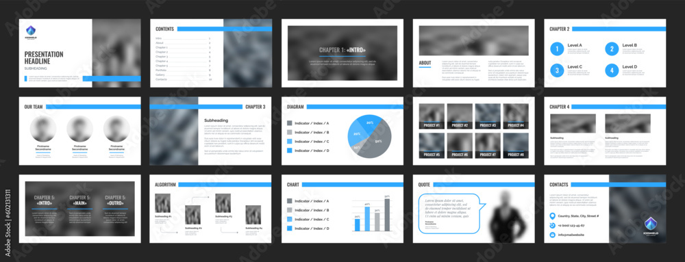 Wall mural presentation template with blue minimal style gradient logo, shield sign and wide screen slides. cor