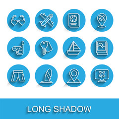 Fototapeta premium Set line Short or pants, Surfboard, Heart shaped love glasses, Location, Speech bubble with airplane, Hotel door lock key, Photo and Yacht sailboat icon. Vector