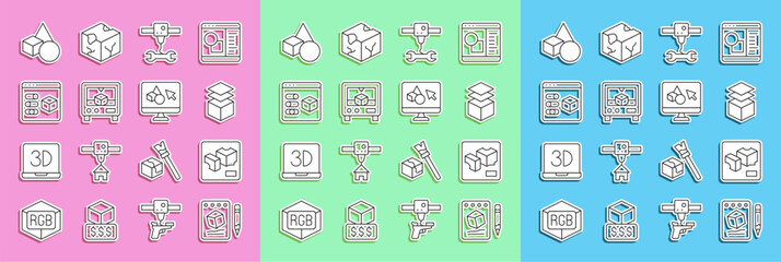 Set line Sketch on paper, 3D printer, Layers, wrench spanner, Basic geometric shapes and software icon. Vector