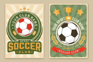Obraz premium Set of soccer, football club retro poster, banner design. Vector illustration. For football club sport design with soccer and football player silhouettes.