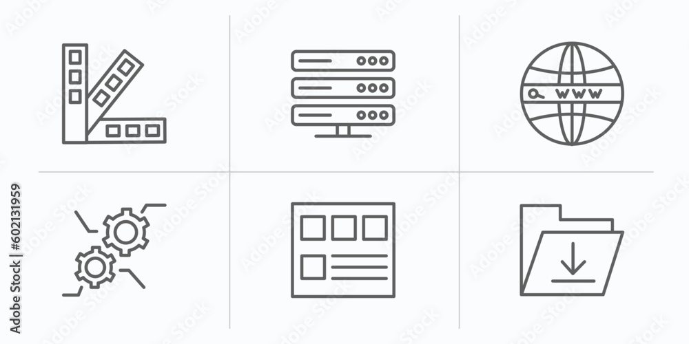 Poster web hosting outline icons set. thin line icons such as color scheme, dns, domains, feature, mockup d