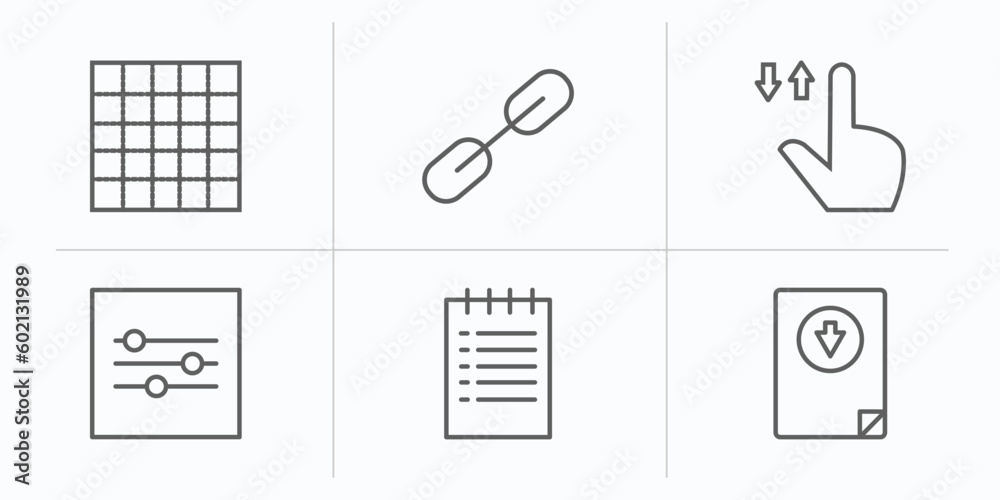 Aufkleber web outline icons set. thin line icons such as grid on, interlinked web, tab, on slider, create list
