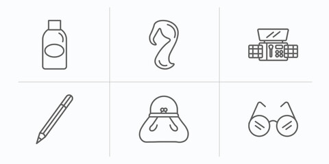 woman clothing outline icons set. thin line icons such as bottle, female long black hair, eyes shades makeup, eyes makeup pencils, female black handbag, eyeglasses vector.